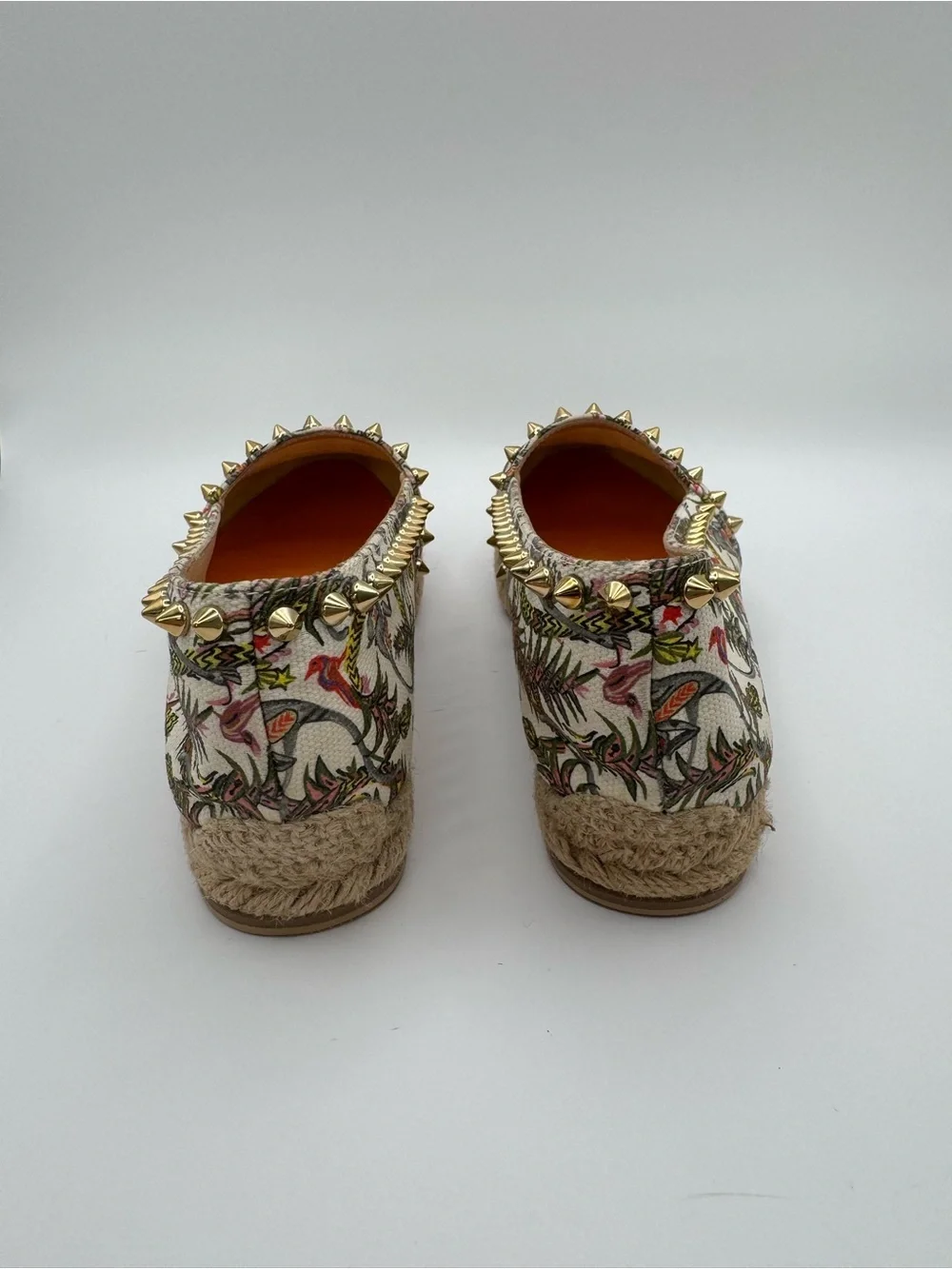 Christian Louboutin Ares Flat Loubi Jungle Espadrilles Gold Spikes Ivory EU 36